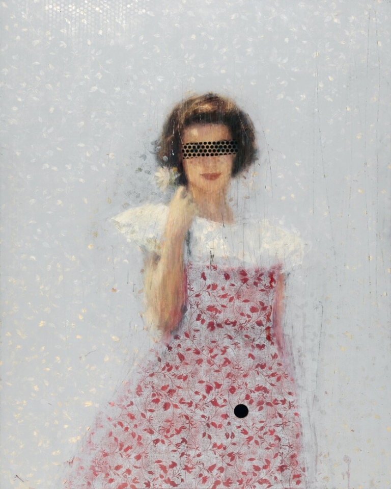 Baker, Charming, Gloria, 2014, oil on birch ply with hole, 198 x 152 cm